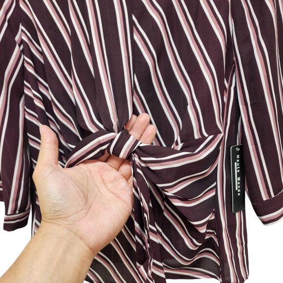 Haute Monde Womens Striped Burgundy Pink Tie Front Blouse Top 3/4 Sleeves Size M - Picture 5 of 10